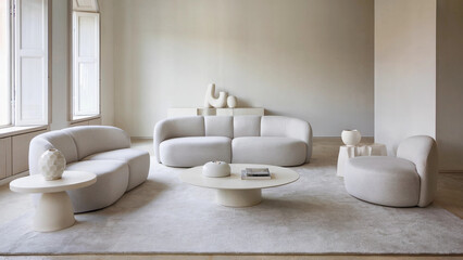 Minimalist Modern Living Room with Curved Furniture and Soft Neutral Tones