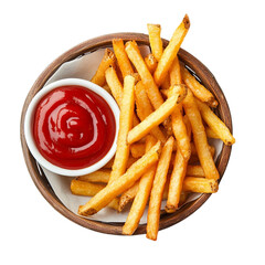 French fries in basket with ketchup isolated on transparent background.