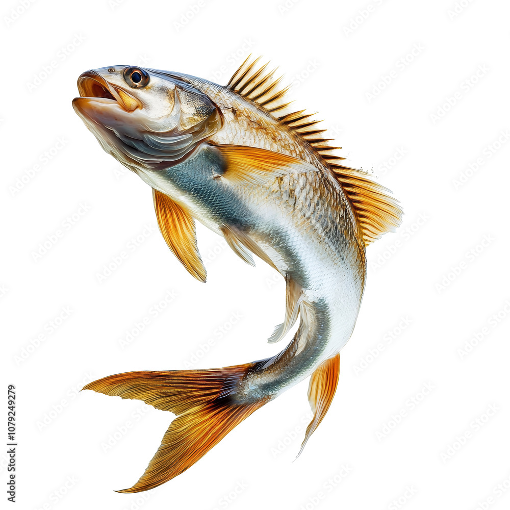 Poster dynamic fish leaps gracefully towards the surface, creating splash bubbles against a transparent bac
