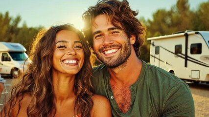 Happy couple embracing and smiling outdoors in sunlit setting