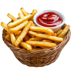 French fries in basket with ketchup isolated on transparent background.