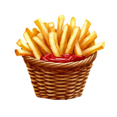 French fries in basket with ketchup isolated on transparent background.