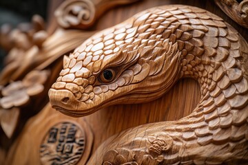 Obraz premium chinese new year woodcarving, wooden artwork featuring earth snake design intricately intertwined with chinese new year symbols symbolizing peace and new beginnings