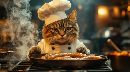 Fat Cat in Chef&rsquo;s Hat Cooking Sausages at the Stove &ndash; Cinematic Advertising Photo with Warm Colors

