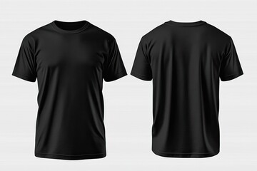 Black T-shirt front and back view for mockup or branding purposes. AI generated image