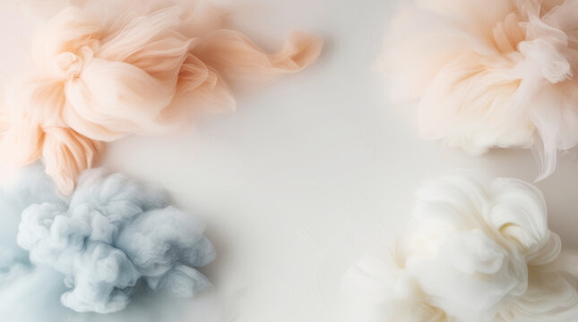 Abstract smoky swirling texture in soft pastel tones background. Delicate, fluffy patterns create a dreamy, ethereal look with gentle pastel hues blending seamlessly for an elegant design.