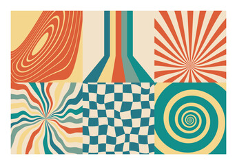 Psychedelic retro abstract backgrounds 70s style set. Vintage distorted patterns.