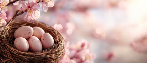 A nest filled with pink eggs sitting on top of a tree branch
