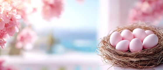 A nest filled with pink eggs sitting on top of a table