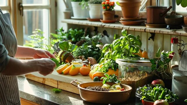 Home composting process with a person adding vegetable scraps to compost bin among kitchen plants