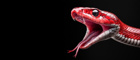 Fototapeta premium A red snake with its mouth open on a black background