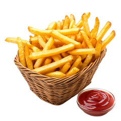 French fries in basket with ketchup isolated on transparent background.