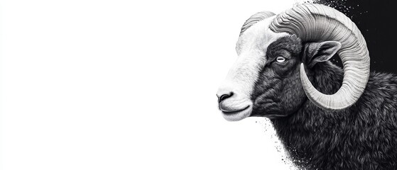  A black and white drawing of a ram's head