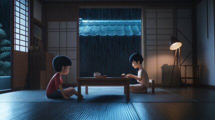 Lofi scene with a boy and a girl in an everyday home setting, enjoying the rain outside. Perfect for cozy, relaxed illustrations or mood-setting visuals