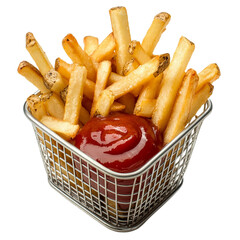 French fries in basket with ketchup isolated on transparent background.
