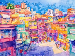 Watercolor painting of a city landscape, divided into colorful segments.