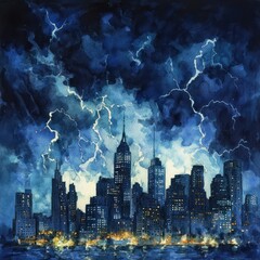 Watercolor painting of a city skyline during a stormy night, featuring dark clouds, lightning, and illuminated skyscrapers.