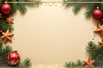 Elegant Christmas Background with Festive Border of Ornaments and Pine Branches.