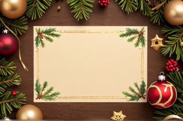 Elegant Christmas Background with Festive Border of Ornaments and Pine Branches.