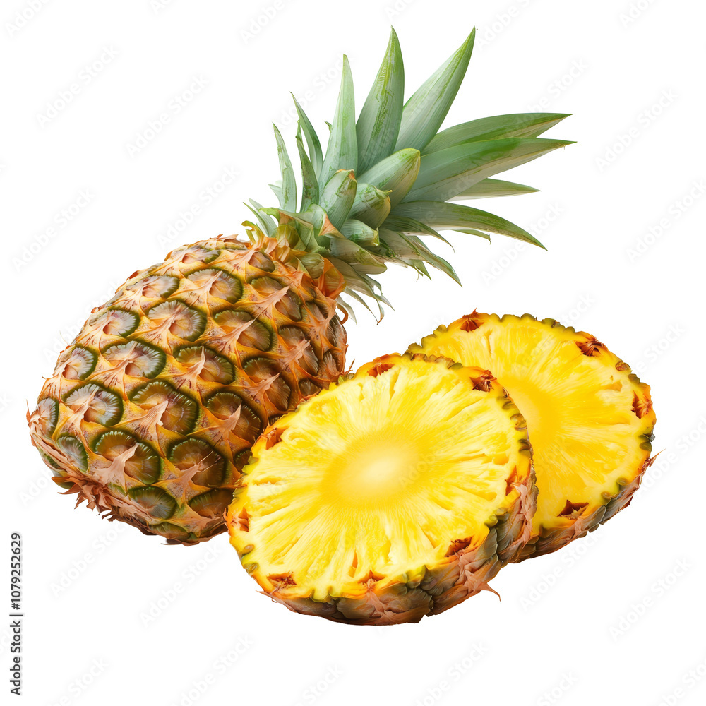 Poster fresh pineapple with juicy slices on a clean transparent background ready for culinary use or presen