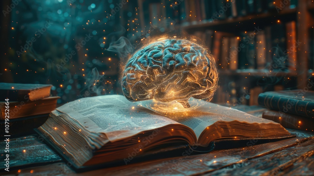 Poster a glowing brain emerges from an open book, symbolizing the power of knowledge and learning.