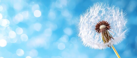 A dandelion on a blue background with bokeh