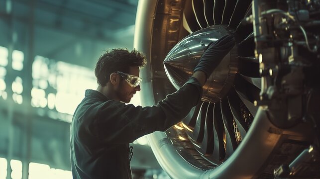 Technician inspects airplane engine to ensure efficient performance and safety standards