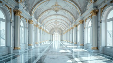 Naklejka premium A grand hallway with white marble columns, gold trim, and a chandelier, leading to a bright light at the end.