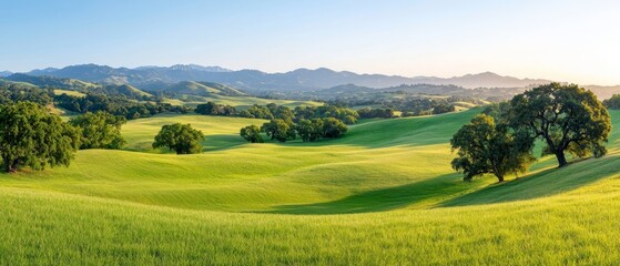Obraz premium A green field with trees and mountains in the background