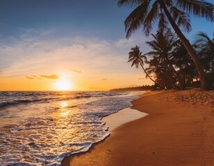 Tropical Sunset Over a Remote Beach With Palm Trees Silhouetted Against the Golden Horizon, While the Ocean Waves Gently Lap the Shoreline Under a Vibrant Orange Sky