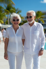 Elderly couple enjoying a sunny day at a tropical resort by the pool