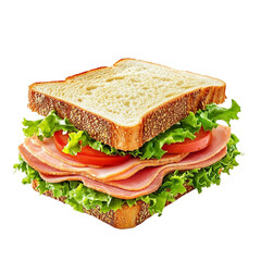 Fresh bread sandwich with ham, lettuce and tomato, banner isolated on transparent background.