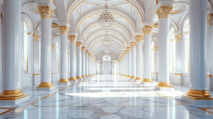 A grand, white, and gold hallway with arched ceilings and marble floors.