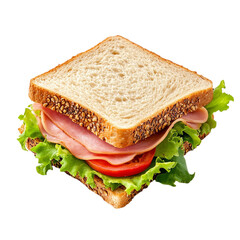 Fresh bread sandwich with ham, lettuce and tomato, banner isolated on transparent background.