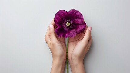 Purple flower with stem held in hands, light gray background, minimalist floral composition, soft and delicate petals, nature and elegance concept, flat lay arrangement.

