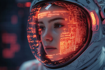 A woman in a space suit with a glowing face