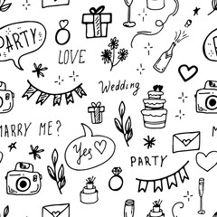 Seamless pattern with wedding-themed elements, including rings, cake, champagne, gifts, flowers and hearts. Wedding background with doodles line art.