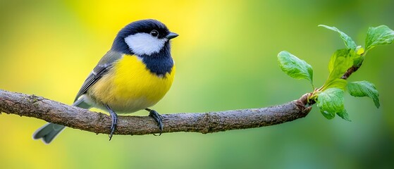 Obraz premium A small bird sitting on a branch with green leaves