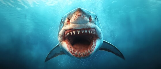 Naklejka premium A great white shark with its mouth open in the ocean