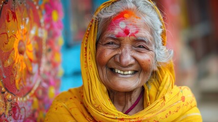 Fototapeta premium Against vibrant backgrounds, a dignified grandma's peaceful smile radiates with the serenity and fulfillment of a life well-lived