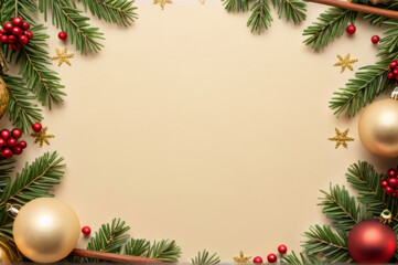 Elegant Christmas Background with Festive Border of Ornaments and Pine Branches.