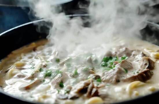 Appetizing hot beef stroganoff on plate with sauce