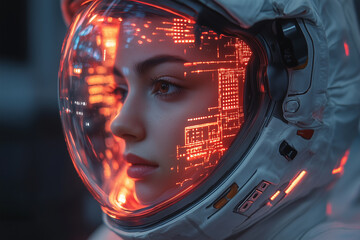 A woman in a space suit with a glowing face
