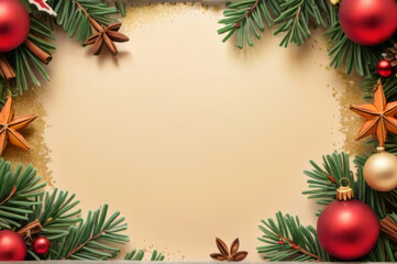 Elegant Christmas Background with Festive Border of Ornaments and Pine Branches.