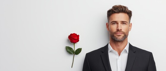 A man in a suit holding a red rose