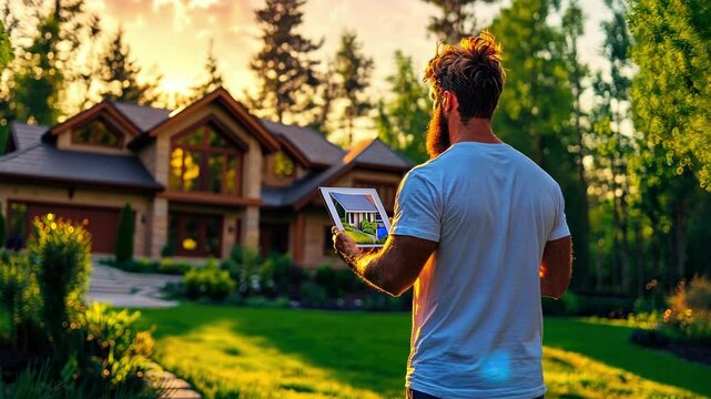 Architect reviewing house design with tablet in sunlit garden
