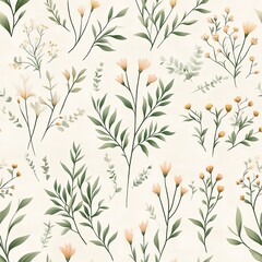 Fototapeta premium A patterned design featuring various green leaves and delicate flowers on a light background, perfect for textiles or art.