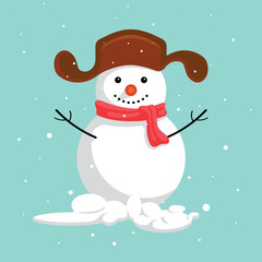 Smiling snowman in a hat and scarf on a blue background and falling snow. New Year symbol. Vector flat illustration