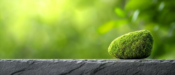 A moss covered rock sitting on top of a stone ledge