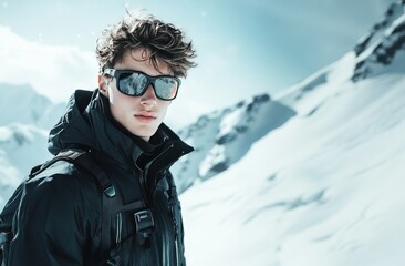 Handsome young man in modern ski clothes and glasses. Winter resort banner with blurred snowy mountain landscape in the background and copy space. Closeup outdoor portrait